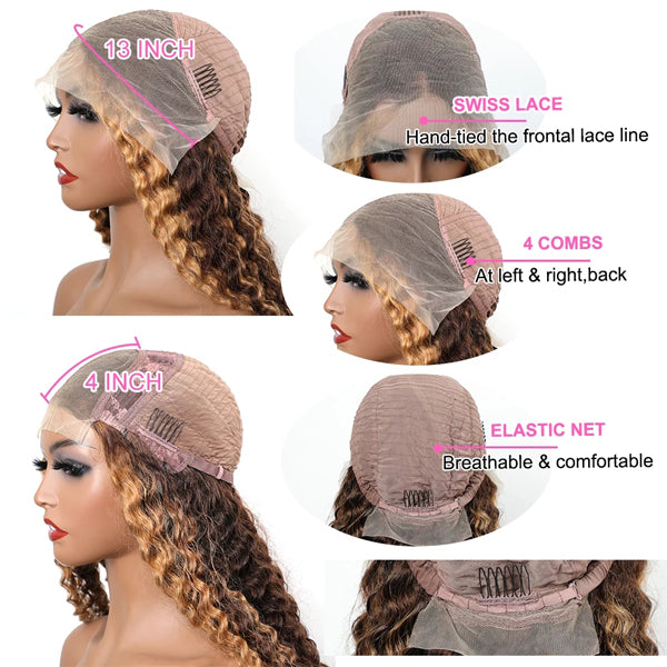 4x4 13x4 HD Lace Front Wigs Deep Wave Highlight Ombre Brazilian - pegasuswholesale