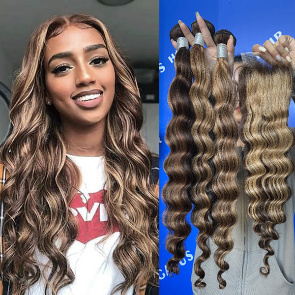 #4/27 Highlight Loose Deep Wave Bundles With Closure Human Hair - pegasuswholesale