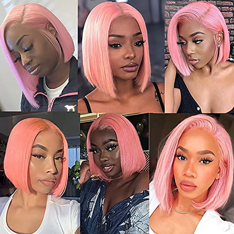 Pink Short Bob Lace Front Wig 180% Density 【PEG010】