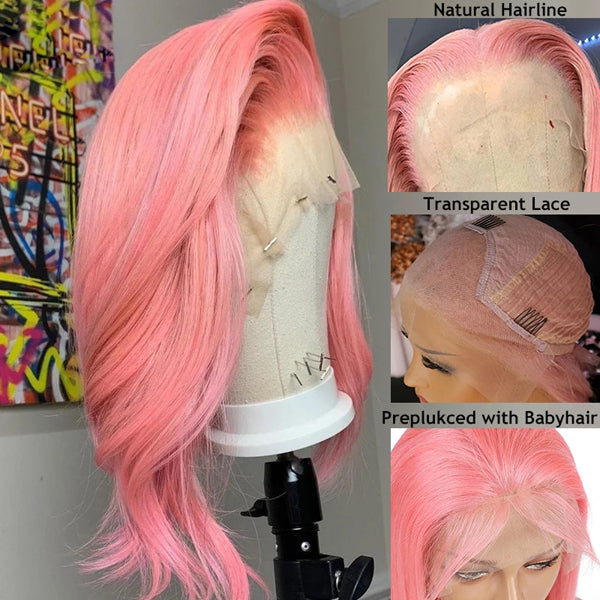 Pink Short Bob 13x4 Lace Front Wig Deep Wave & Body Wave - pegasuswholesale