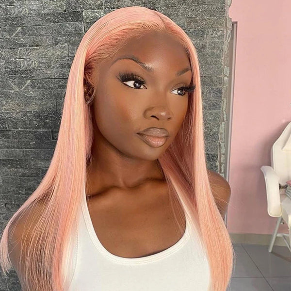 Pink Colored Straight Human Hair Wigs Transparent Lace Wig Brazilian