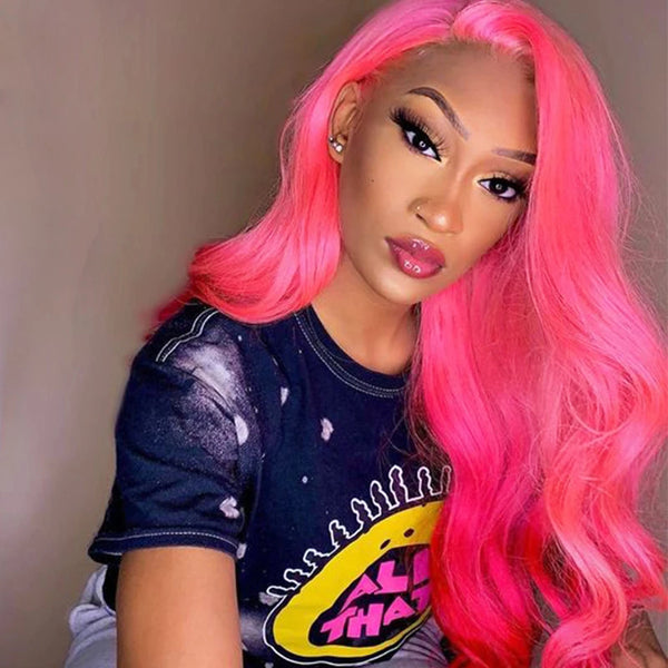 Pink Colored Straight & Body Wave Human Hair Lace Frontal Closure Wig - pegasuswholesale