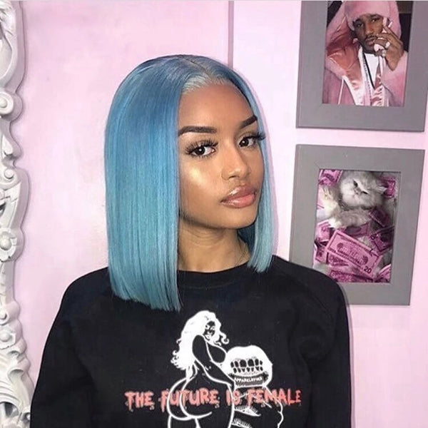 Bob Light Water Blue Lace Front Wig Human Hair Straight - pegasuswholesale