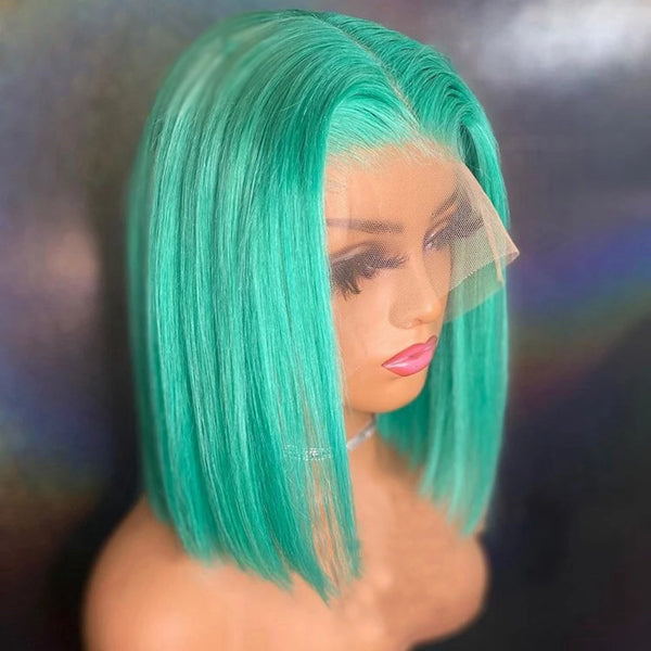 Mint Green Colored Straight Transparent Lace Frontal Wig Bob - pegasuswholesale