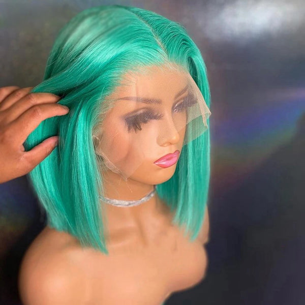 Mint Green Colored Straight Transparent Lace Frontal Wig Bob - pegasuswholesale