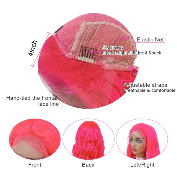Pink Colored Straight & Body Wave Human Hair Lace Frontal Closure Wig - pegasuswholesale