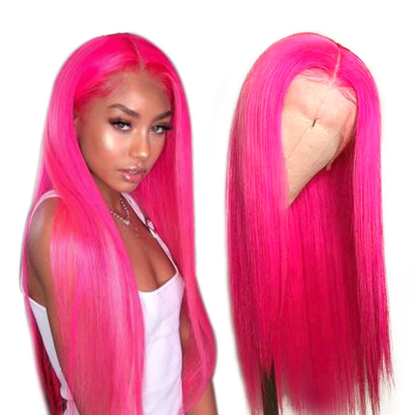 Pink Colored Straight & Body Wave Human Hair Lace Frontal Closure Wig - pegasuswholesale