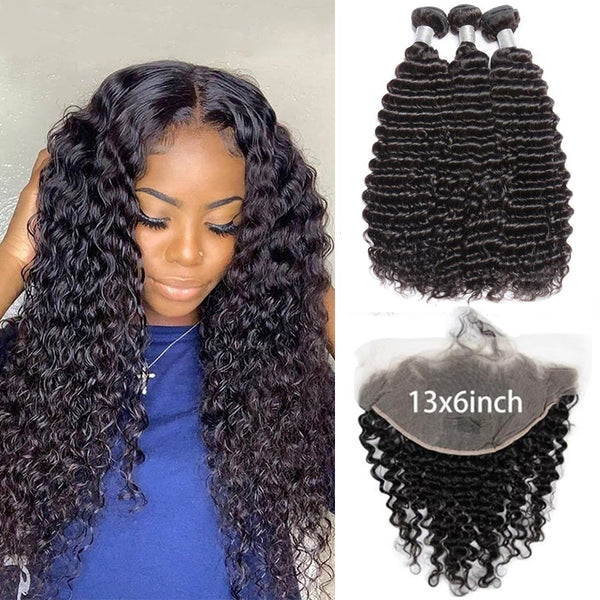 13X6 Transparent Lace Frontal With 2/3/4 Bundles Deep Wave Human Hair - pegasuswholesale