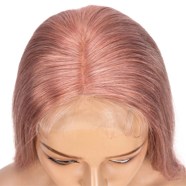 Pink Colored Straight Human Hair Wigs Transparent Lace Wig Brazilian