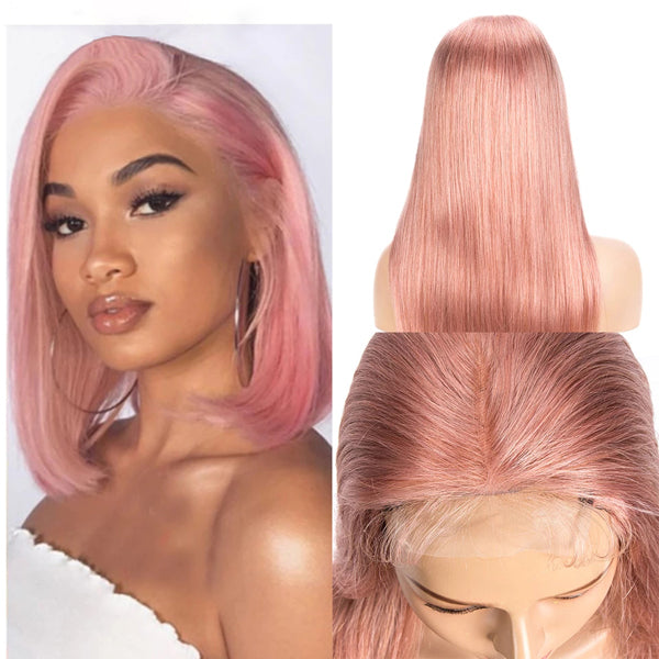 Pink Colored Straight Human Hair Wigs Transparent Lace Wig Brazilian