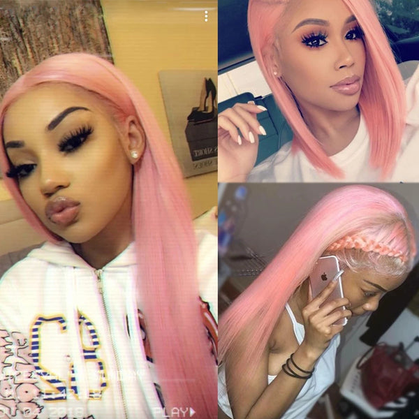 Pink Colored Straight Human Hair Wigs Transparent Lace Wig Brazilian