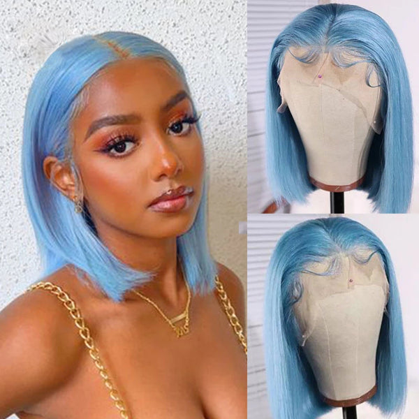 Bob Light Water Blue Lace Front Wig Human Hair Straight - pegasuswholesale