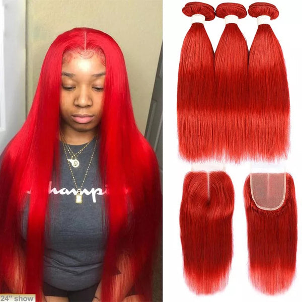 Red hair 4x4 5x5 13x4" frontal closure with bundles straight transparent lace hot selling - pegasuswholesale