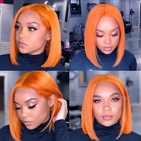 Short Orange Bob Colored Lace Frontal Closure Wig Brazilian Human Hair