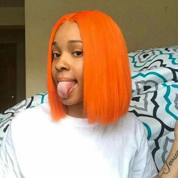 Short Orange Bob Colored Lace Frontal Closure Wig Brazilian Human Hair