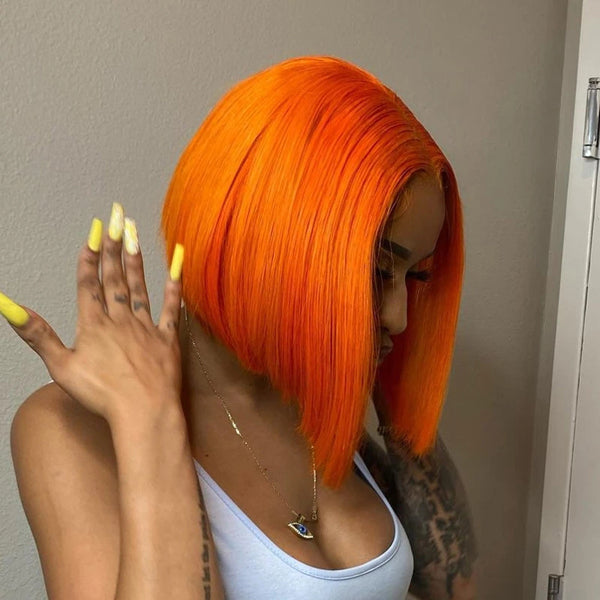 Short Orange Bob Colored Lace Frontal Closure Wig Brazilian Human Hair