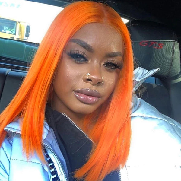 Short Orange Bob Colored Lace Frontal Closure Wig Brazilian Human Hair
