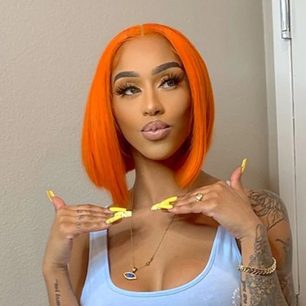 Short Orange Bob Colored Lace Frontal Closure Wig Brazilian Human Hair