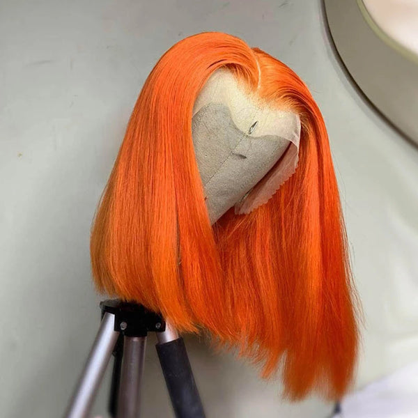 Short Orange Bob Colored Lace Frontal Closure Wig Brazilian Human Hair