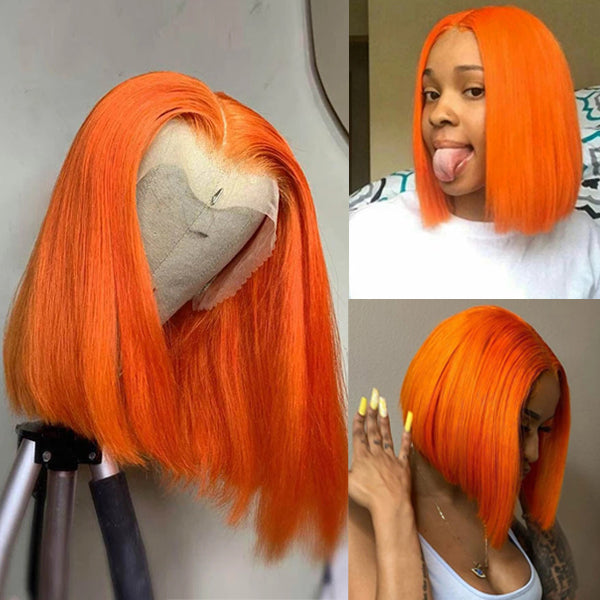 Short Orange Bob Colored Lace Frontal Closure Wig Brazilian Human Hair