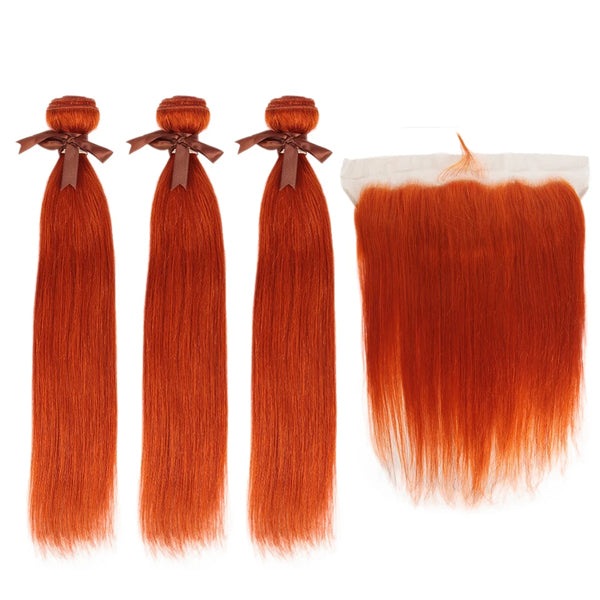 Orange Color 3 Bundles With Closure Frontal Straight Remy Human Hair