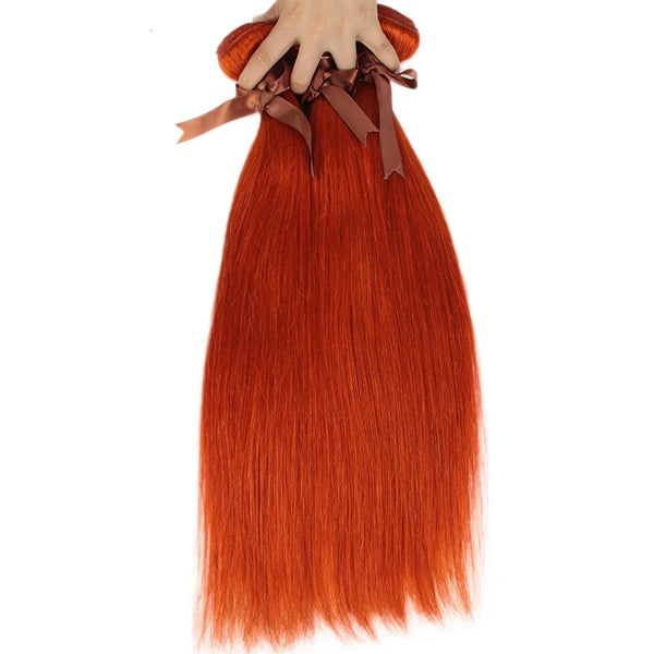 Orange Color 3 Bundles With Closure Frontal Straight Remy Human Hair