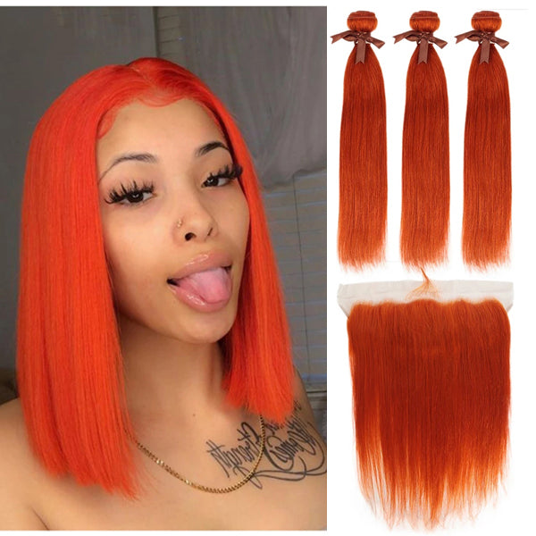 Orange Color 3 Bundles With Closure Frontal Straight Remy Human Hair