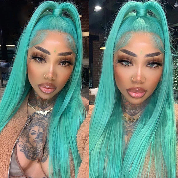 Mint Green Colored Straight Transparent Lace Frontal Wig Bob - pegasuswholesale