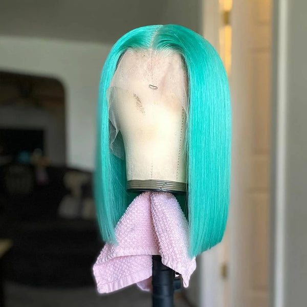 Mint Green Colored Straight Transparent Lace Frontal Wig Bob - pegasuswholesale