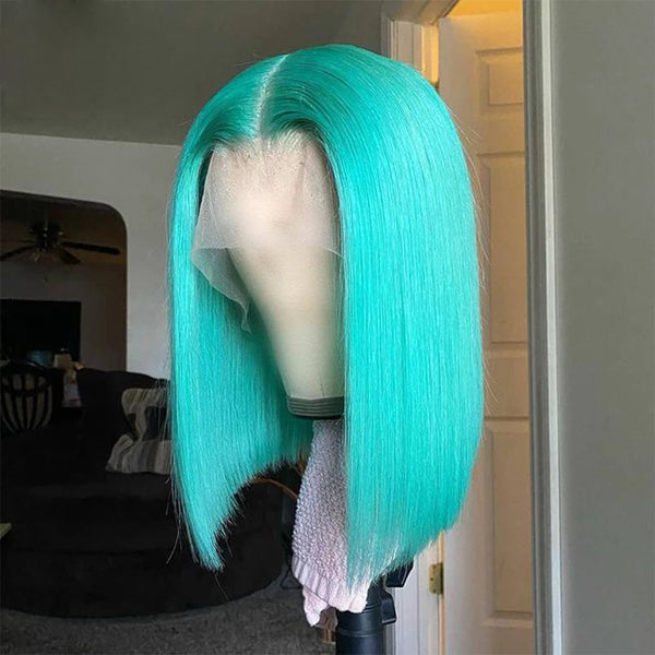 Mint Green Colored Straight Transparent Lace Frontal Wig Bob - pegasuswholesale