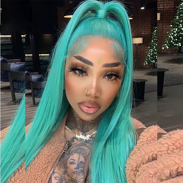 Mint Green Colored Straight Transparent Lace Frontal Wig Bob - pegasuswholesale