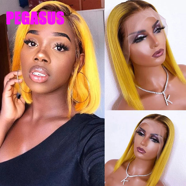 Yellow Colored Straight Human Hair Bob Wigs 13x4 Transparent Lace - pegasuswholesale