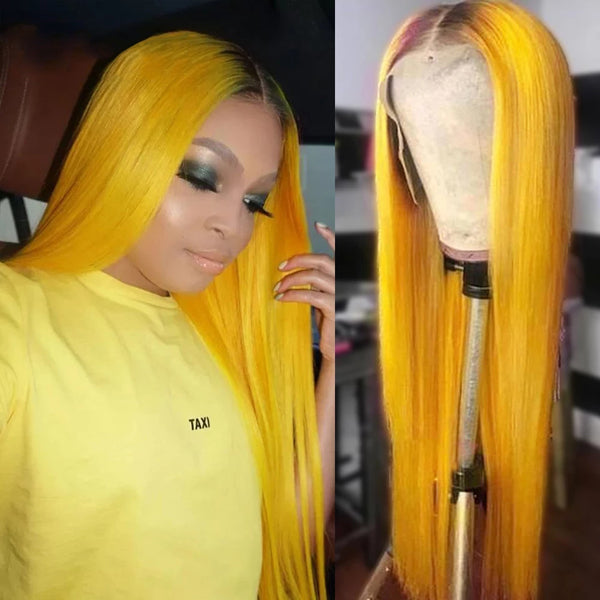 Yellow Colored Straight Human Hair Wigs 13x4 Transparent Lace