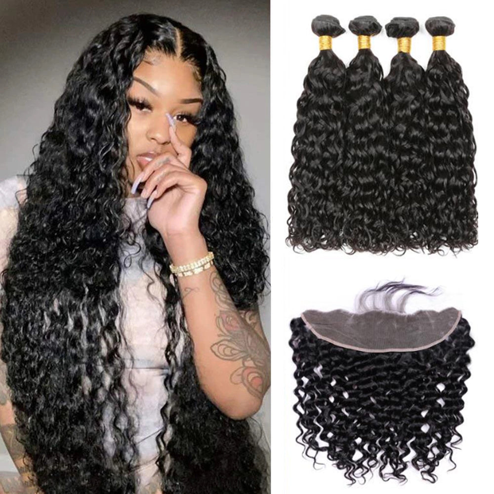 Water Wave Human Hair 3 Bundles With 13x4 Lace Frontal - pegasuswholesale