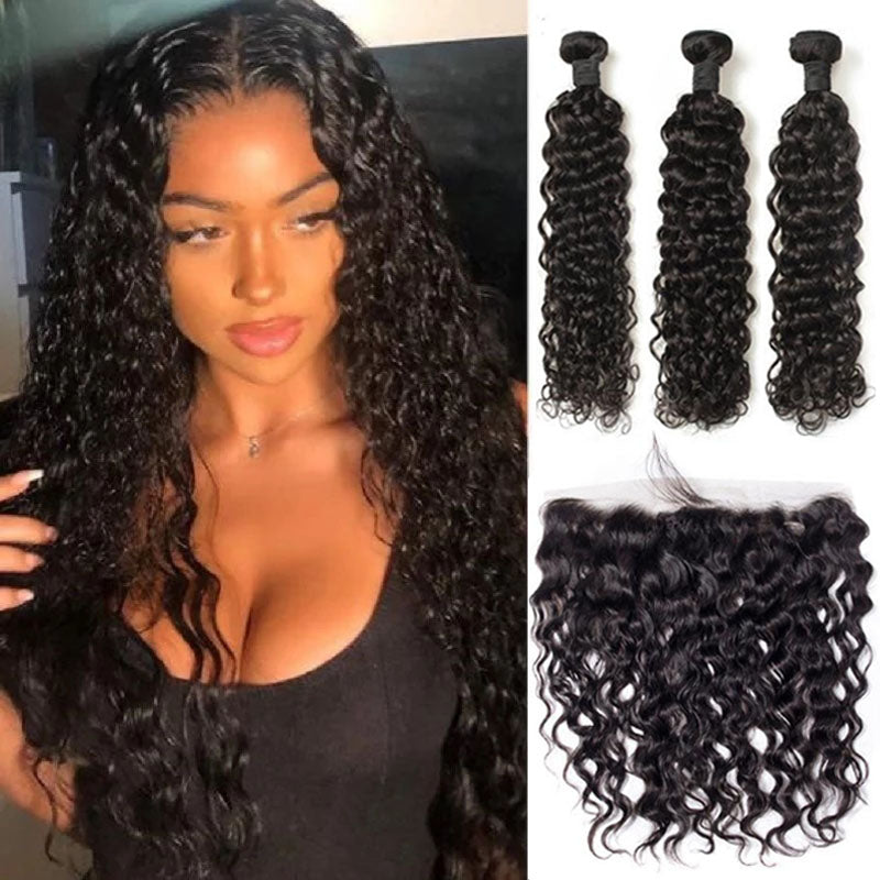 HD Swiss Lace 13x4 Frontal Water Wave With 3/4 Bundles Human Hair 【PWH2236】 - pegasuswholesale