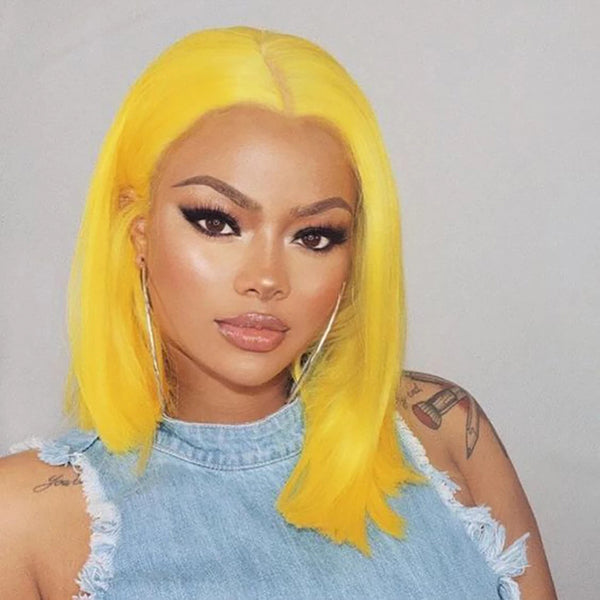 Yellow Colored Straight Human Hair Bob Wigs 13x4 Transparent Lace - pegasuswholesale