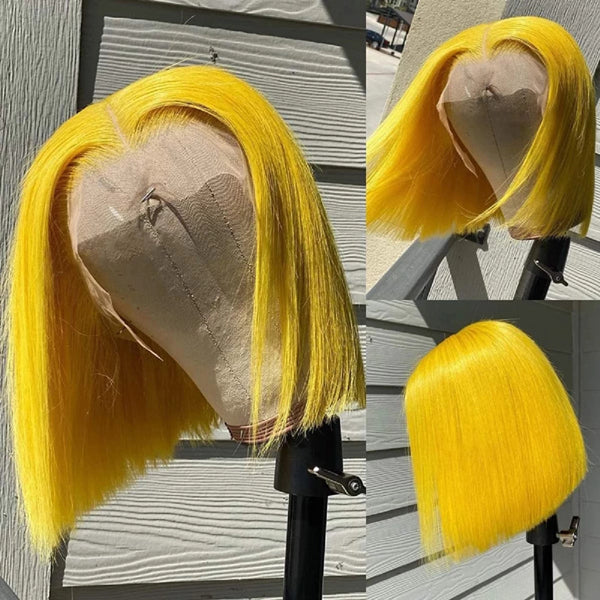 Yellow Colored Straight Human Hair Bob Wigs 13x4 Transparent Lace - pegasuswholesale