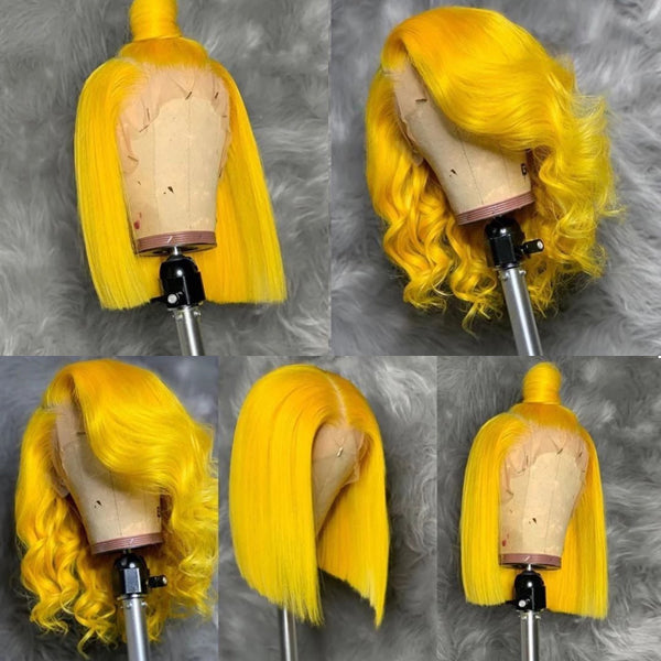 Yellow Colored Straight Human Hair Bob Wigs 13x4 Transparent Lace - pegasuswholesale