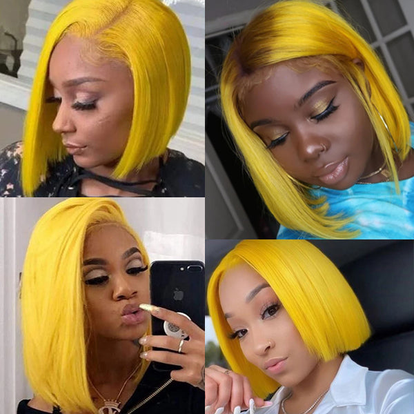Yellow Colored Straight Human Hair Bob Wigs 13x4 Transparent Lace - pegasuswholesale