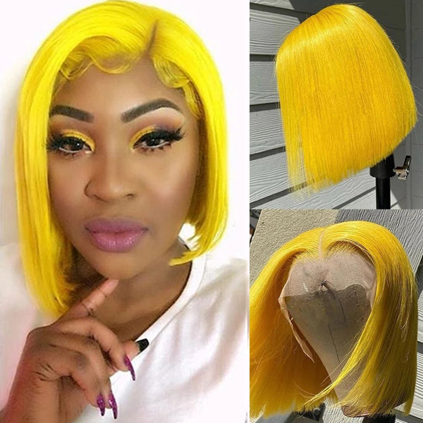 Yellow Colored Straight Human Hair Bob Wigs 13x4 Transparent Lace - pegasuswholesale