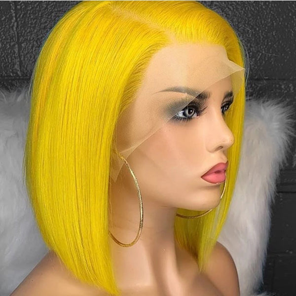 Yellow Colored Straight Human Hair Bob Wigs 13x4 Transparent Lace - pegasuswholesale