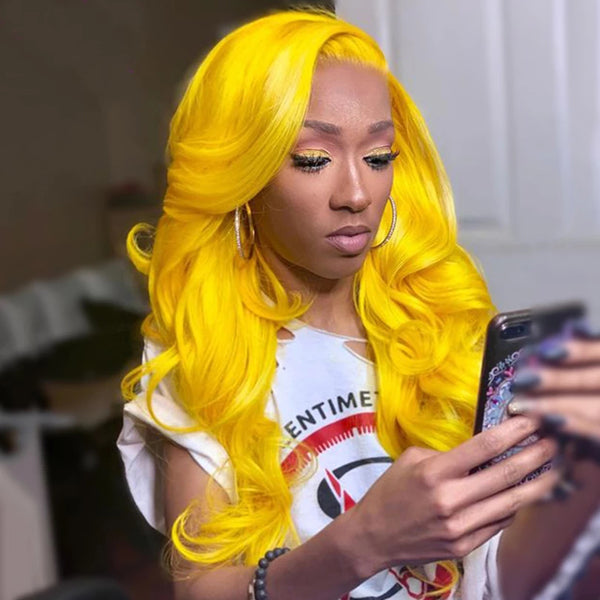 Yellow Colored Body Wave Human Hair Wigs 13x4 Transparent Lace - pegasuswholesale