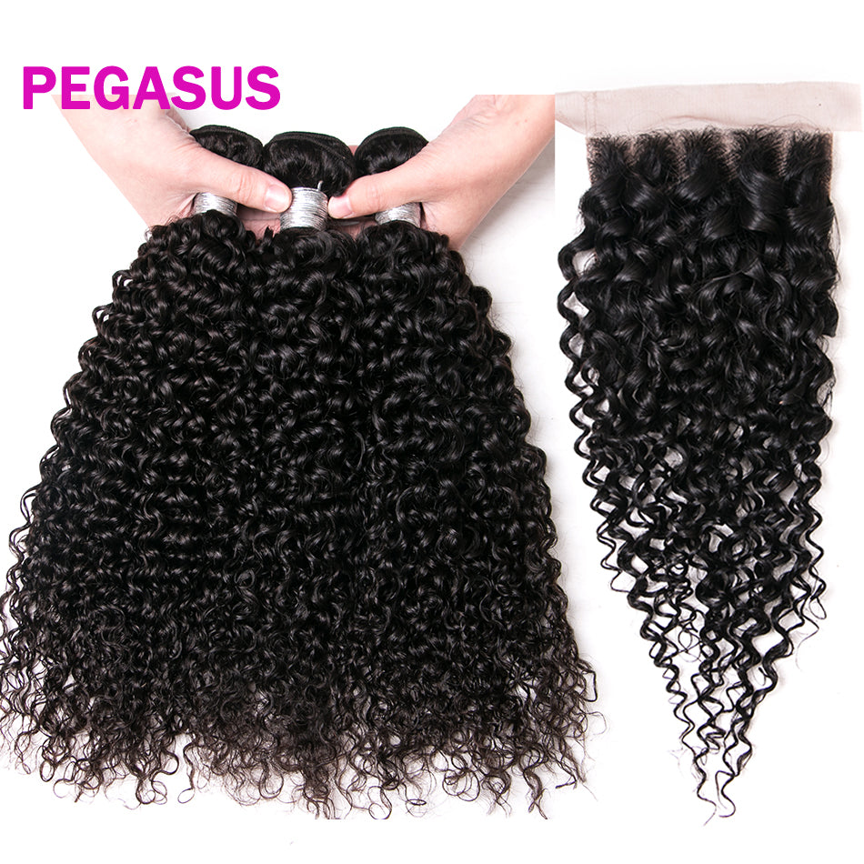 3 Bundles With Closure 4*4 Closure Curly Malaysian Human Hair - pegasuswholesale