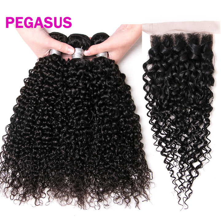 3 Bundles With Closure 4*4 Closure Curly Malaysian Human Hair - pegasuswholesale