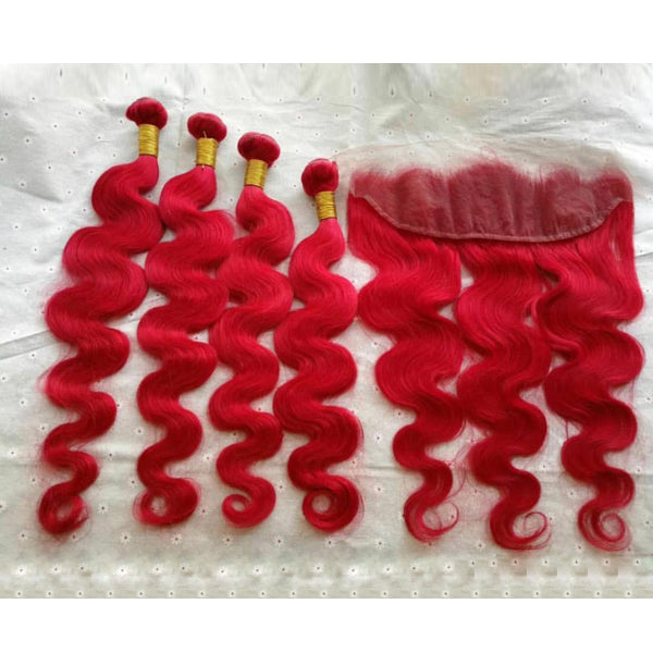 Red hair bundles with frontal closure body wave 4x4 5x5 13x4" transparent lace - pegasuswholesale