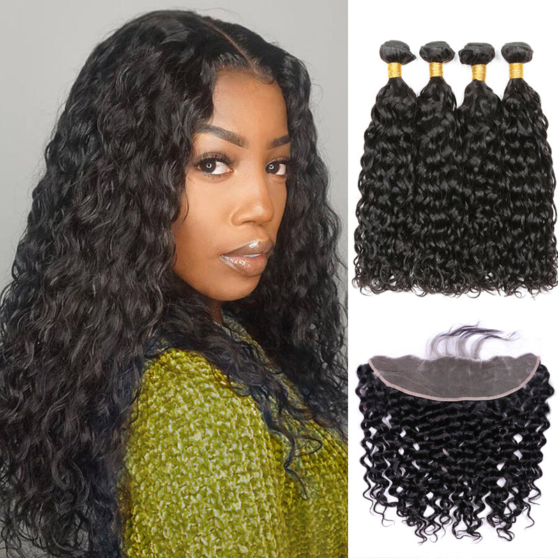 Water Wave Human Hair 3 Bundles With 13x4 Lace Frontal - pegasuswholesale