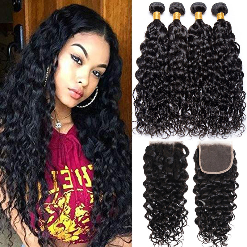 Brazilian Water Wave 3 Bundles With 4x4 Closure Human Hair - pegasuswholesale