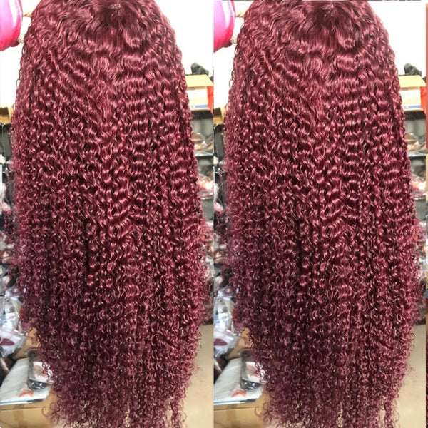 99J Colored Curly Lace Front Wigs Brazilian Human Hair 150% Density