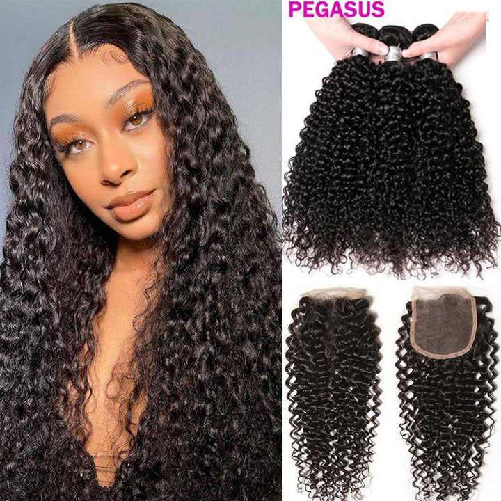3 Bundles With Closure 4*4 Closure Curly Malaysian Human Hair - pegasuswholesale