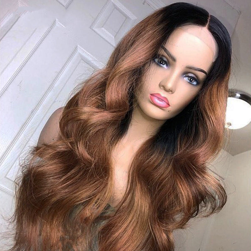 Bronze Brown Color Lace Frontal Closure Wig Body Wave (Pure color/1B root) - pegasuswholesale